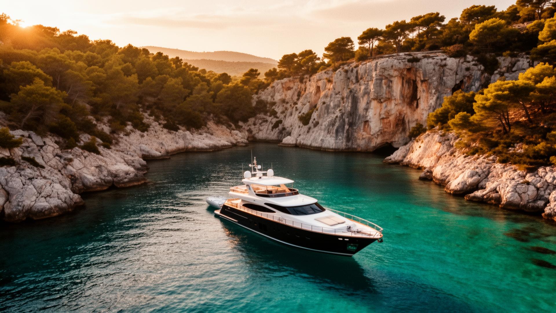 Motor yacht anchored in a Croatian cove at sunset